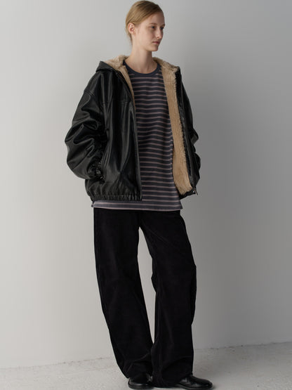Leather Fur Zip Hoodie_black