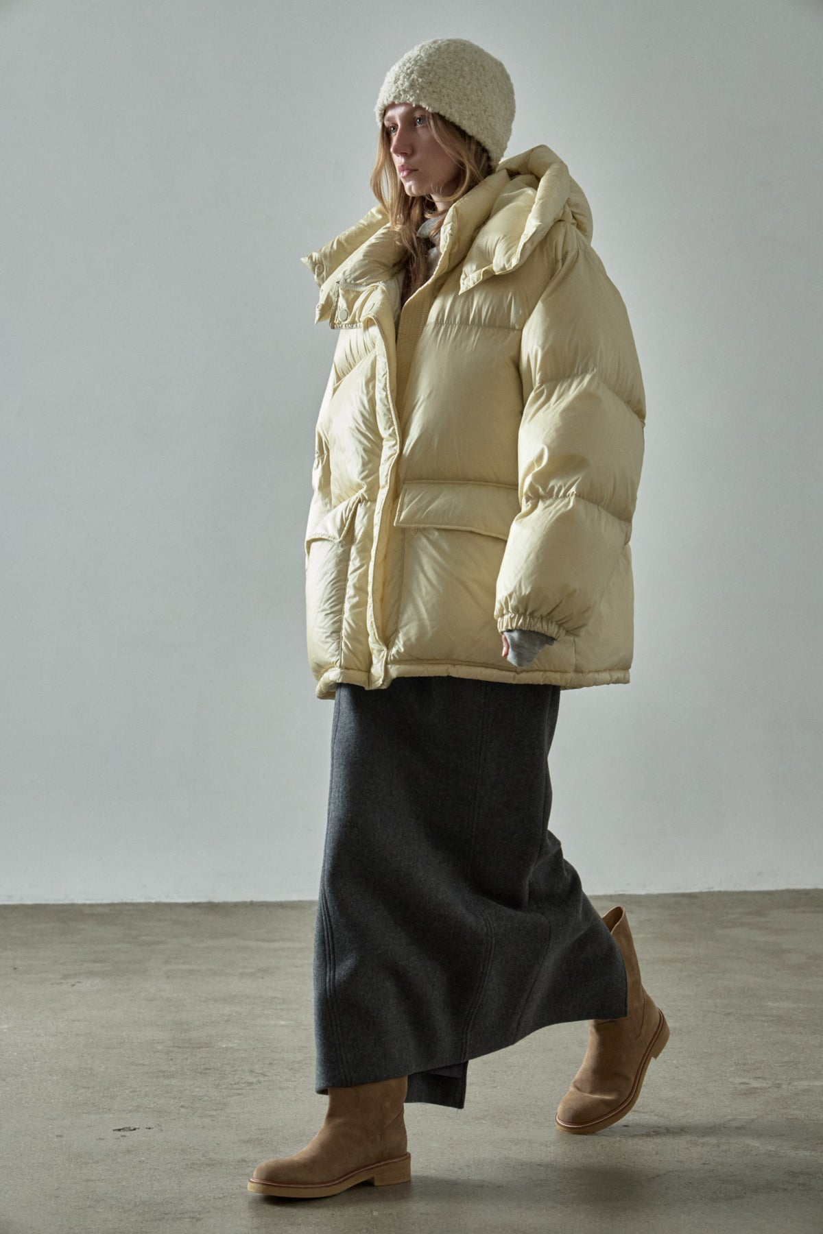 Goose Down Half Padded Coat_butter