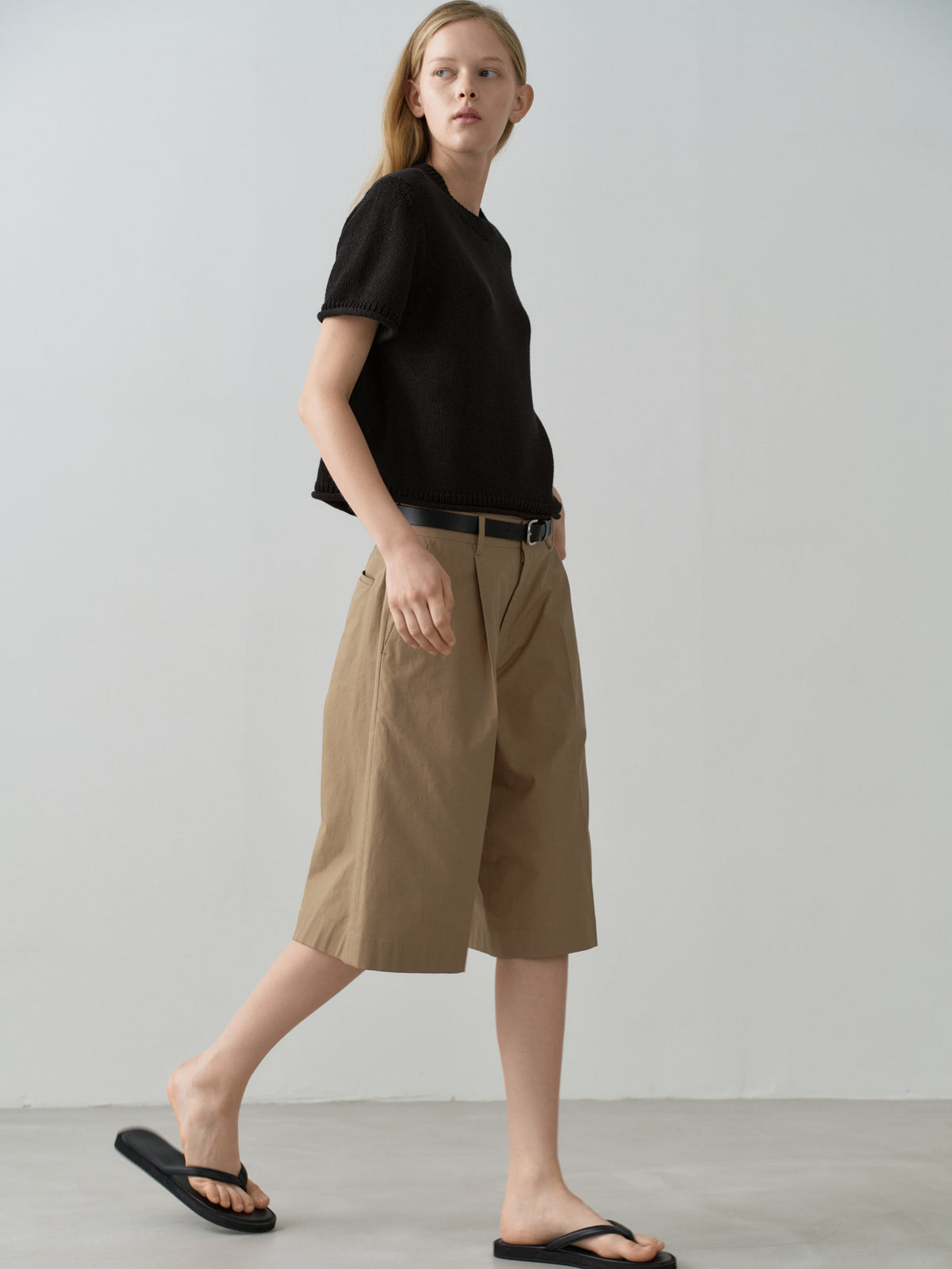 Vintage Cotton Wide Bermuda Pants_almond beige