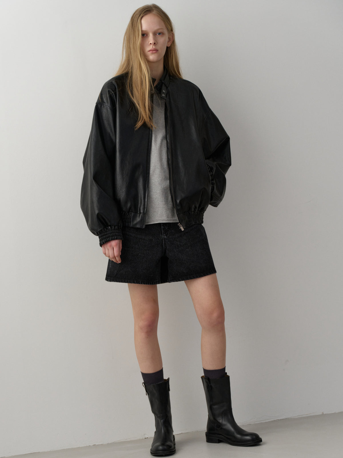Stand Collar Leather Blouson_black