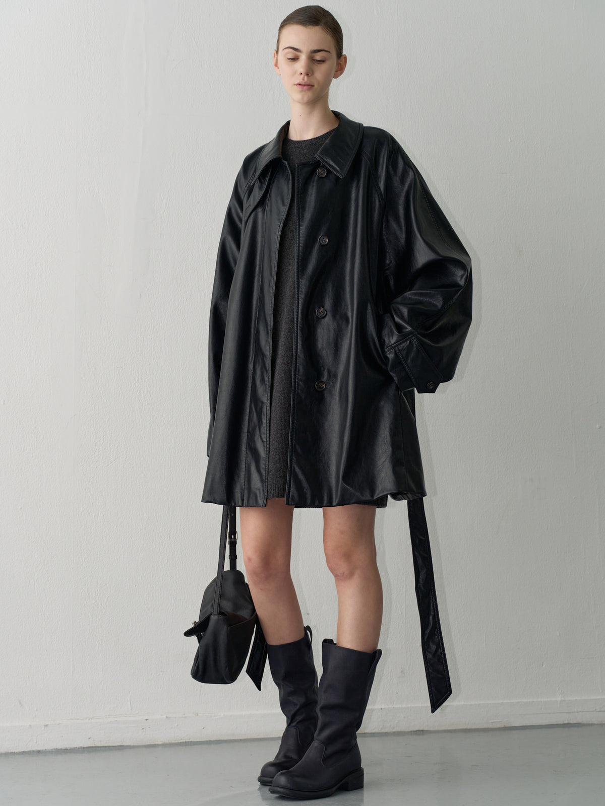 Leather Belted Half Coat_Black