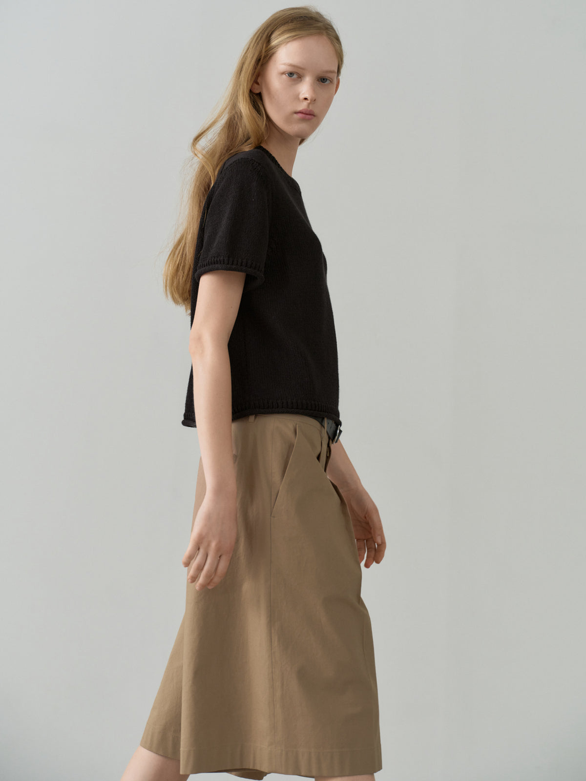 Vintage Cotton Wide Bermuda Pants_almond beige