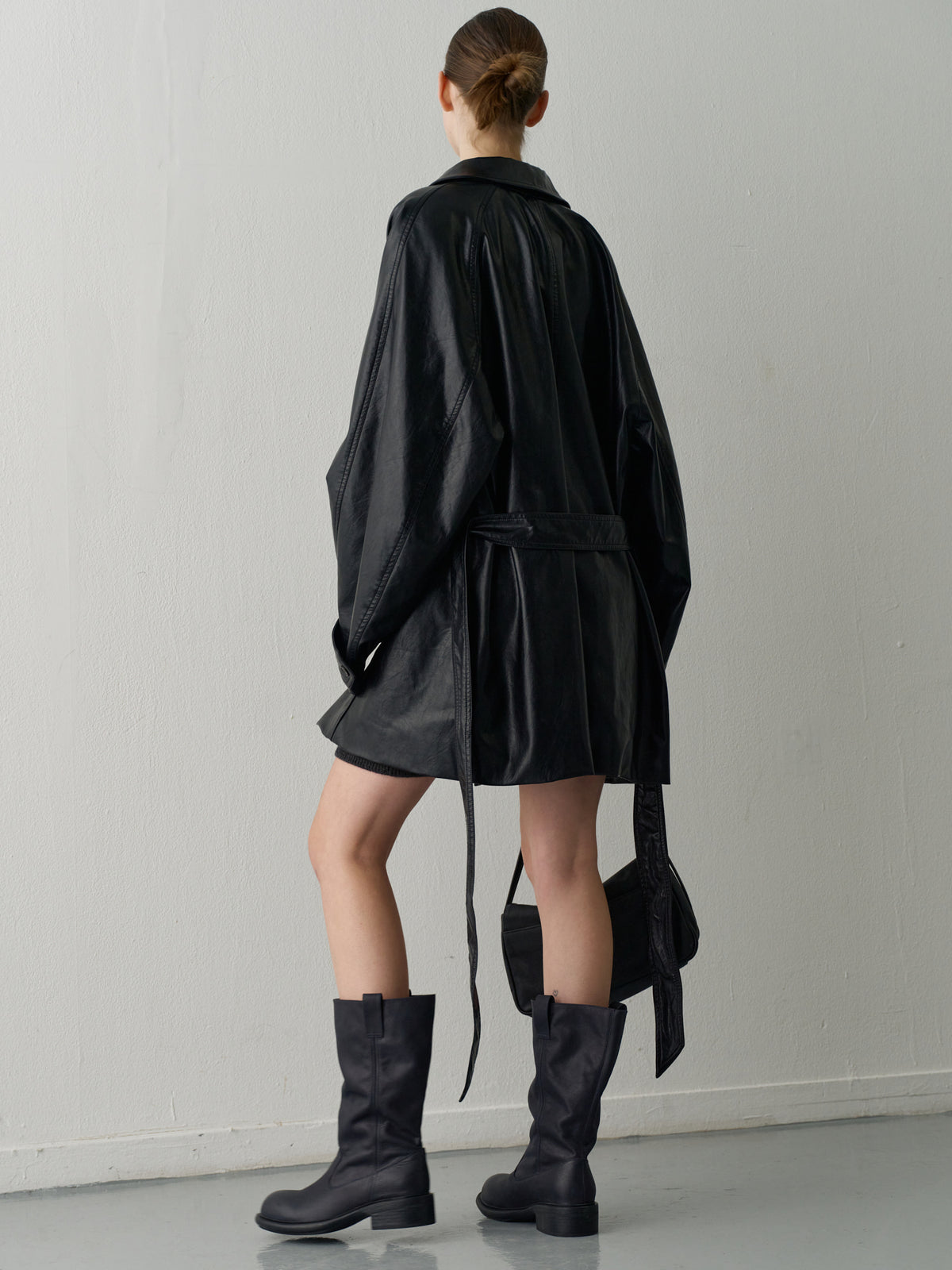 Leather Belted Half Coat_Black