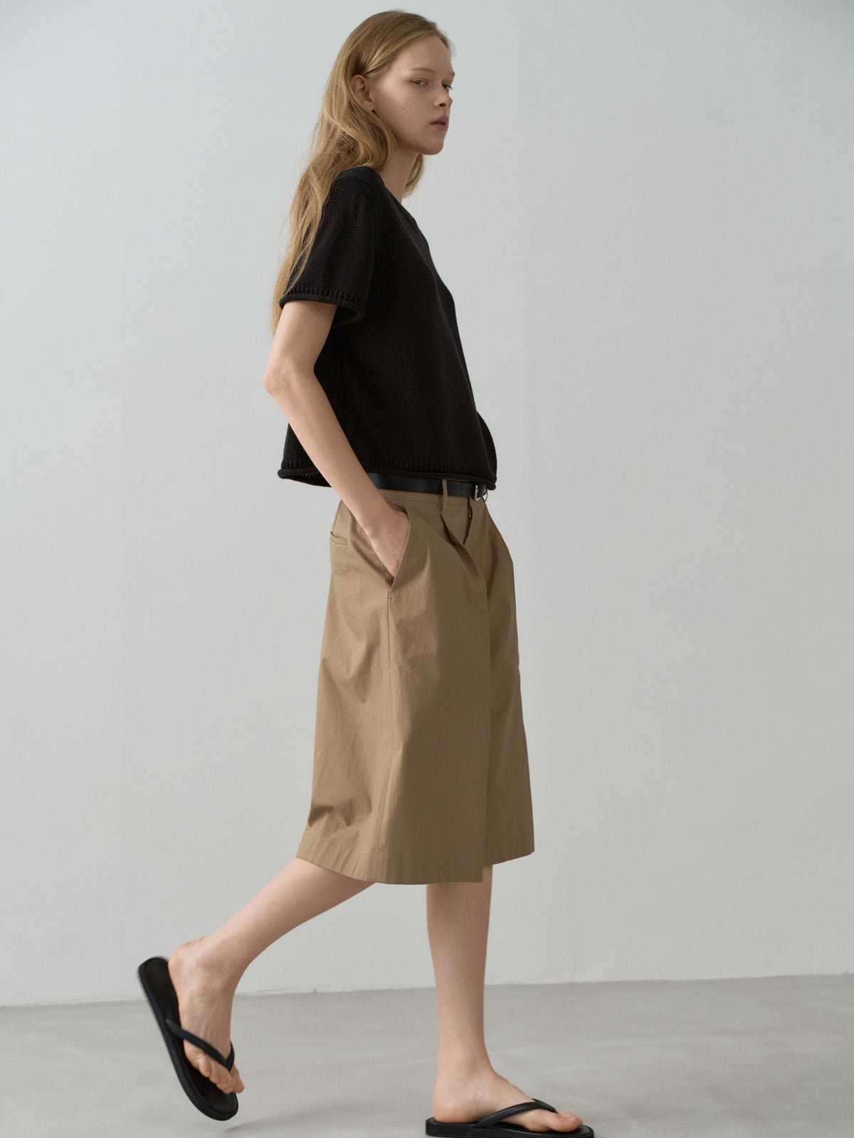 Vintage Cotton Wide Bermuda Pants_almond beige