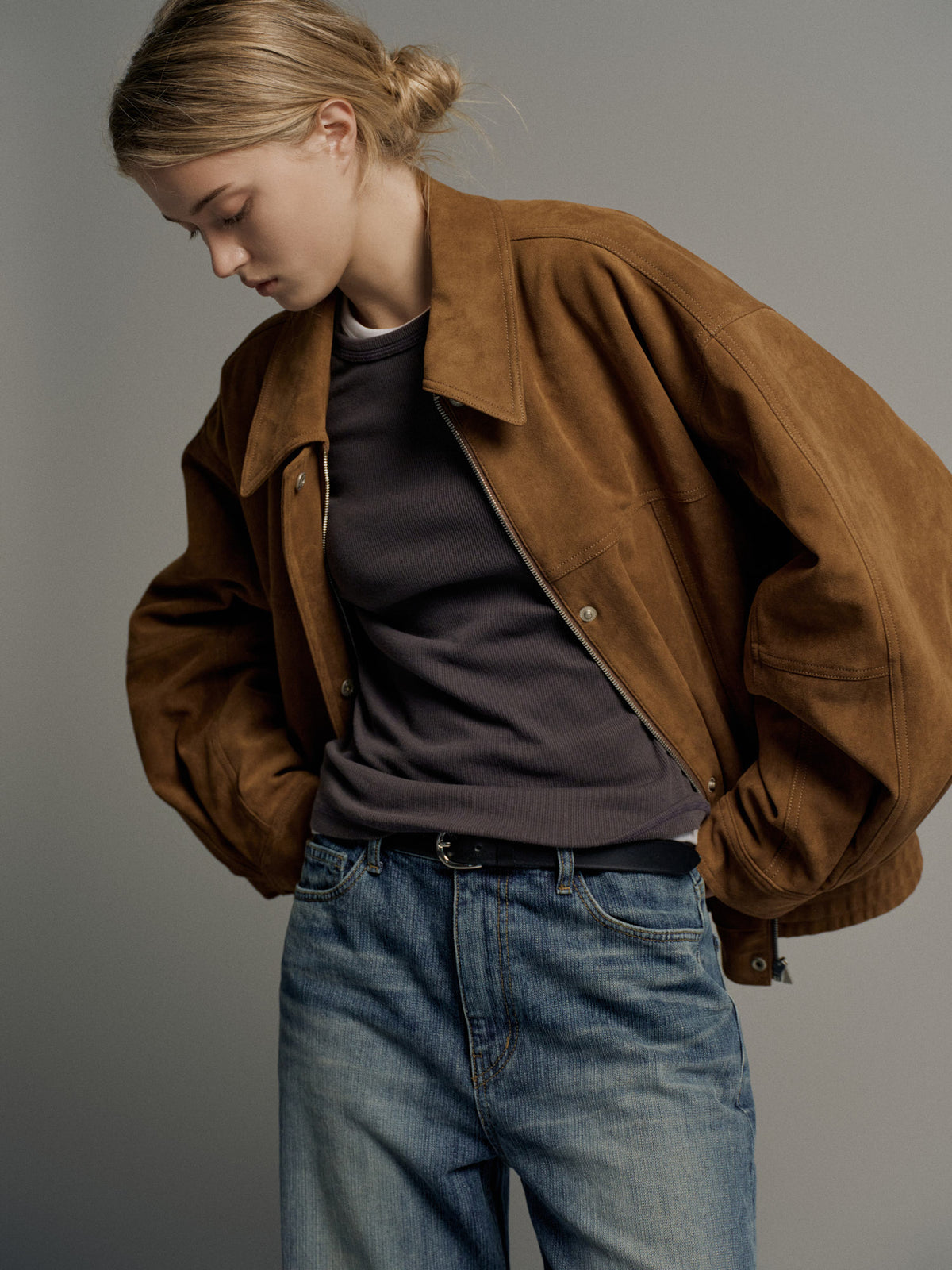 Oversized Fit Stitched Suede Blouson_camel