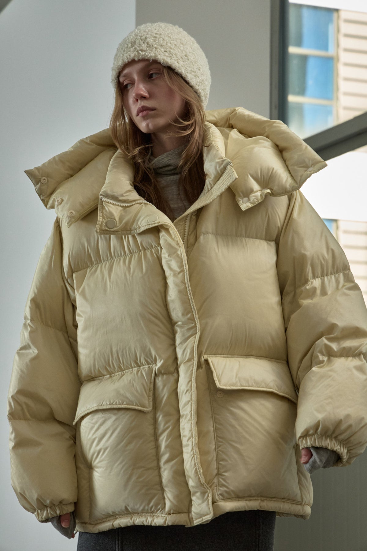 Goose Down Half Padded Coat_butter