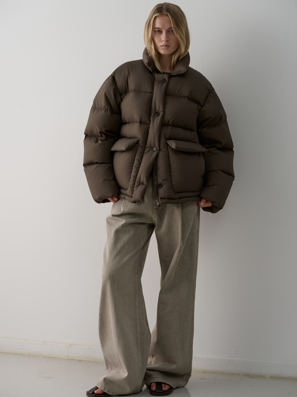 Goose down button puffer_brown