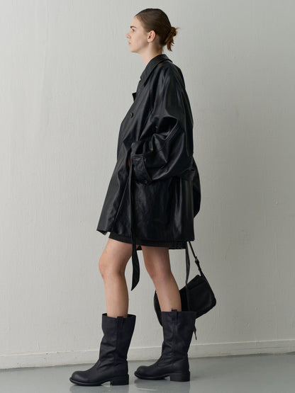 Leather Belted Half Coat_Black