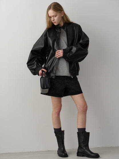 Stand Collar Leather Blouson_black