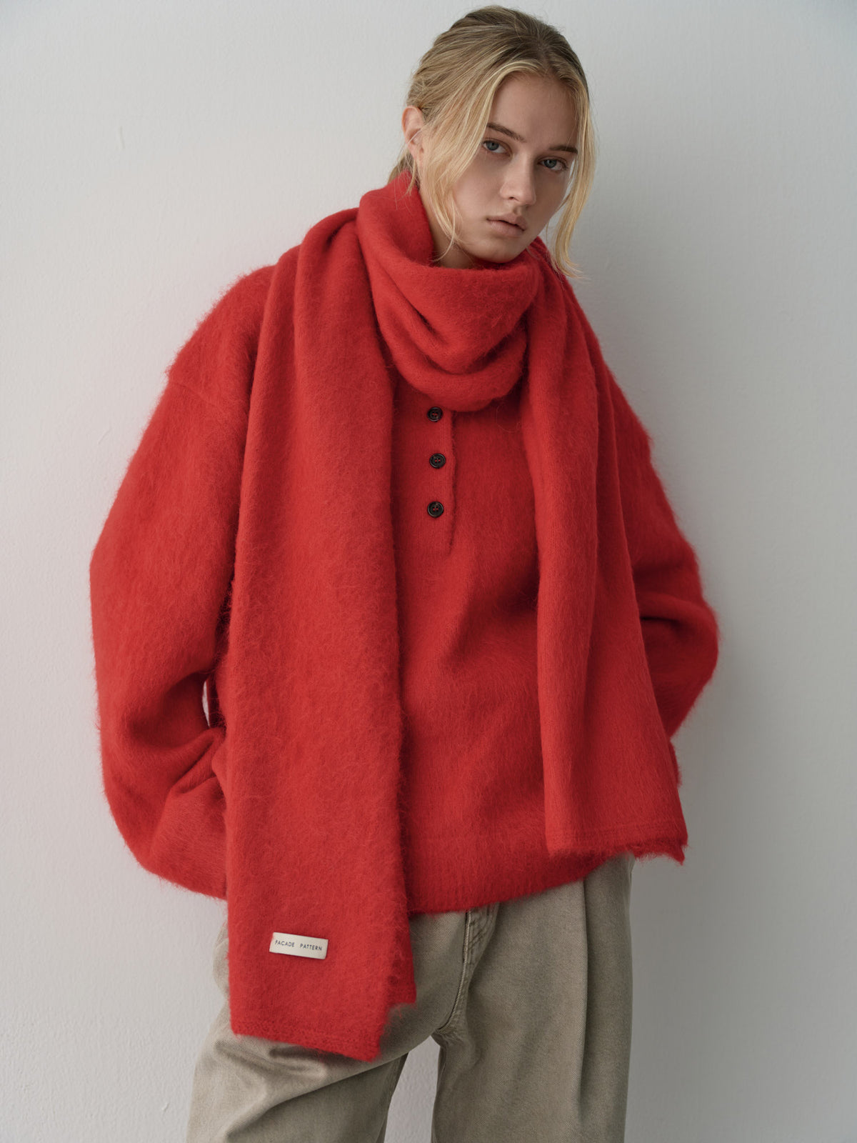 Alpaca Henley Neck Sweater_red