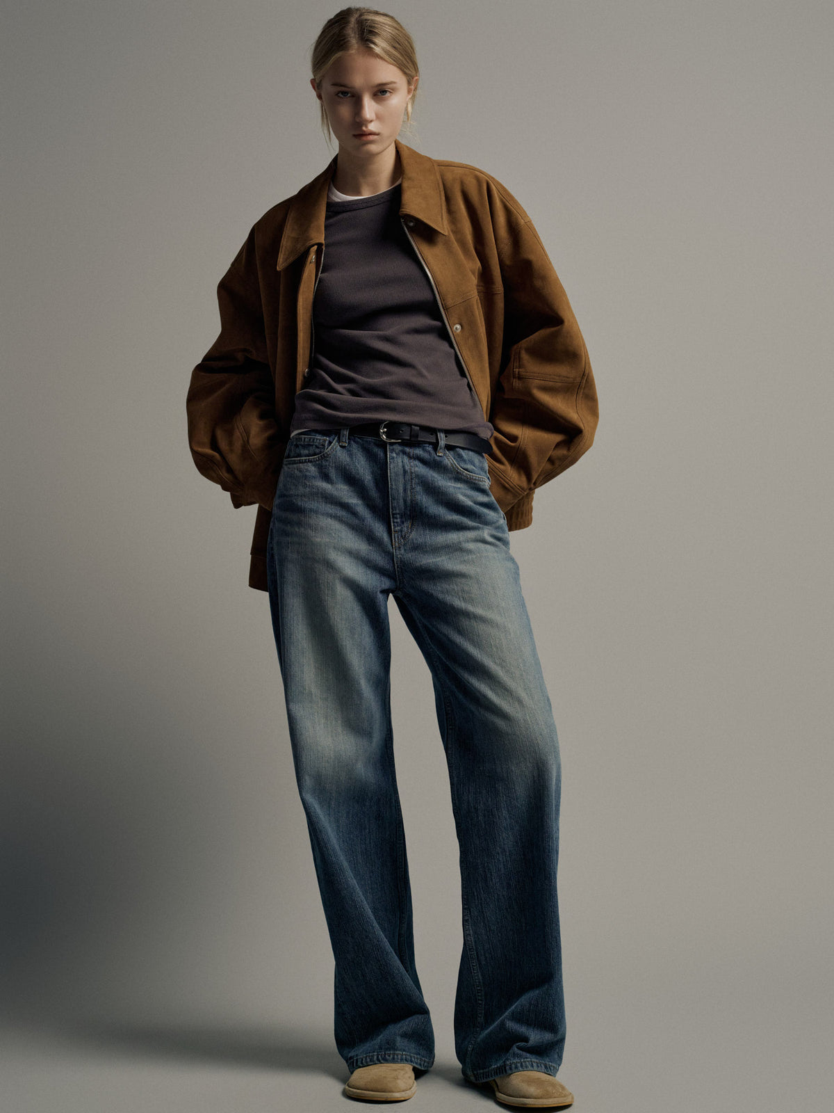 Oversized Fit Stitched Suede Blouson_camel