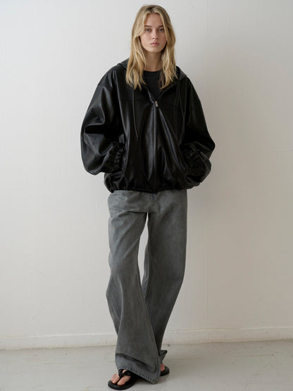 Leather Zip-Up Hoodie_black