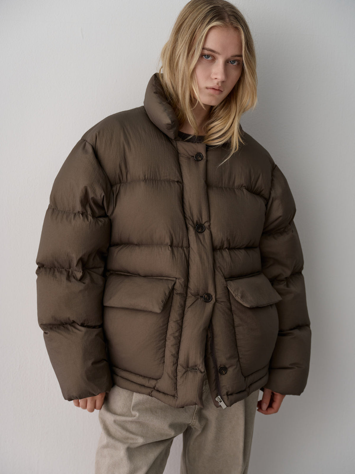 Goose down button puffer_brown