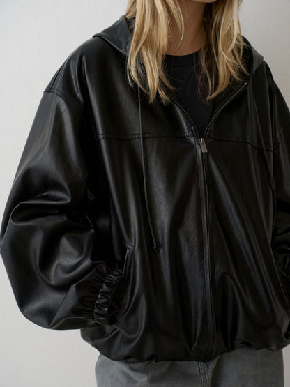 Leather Zip-Up Hoodie_black