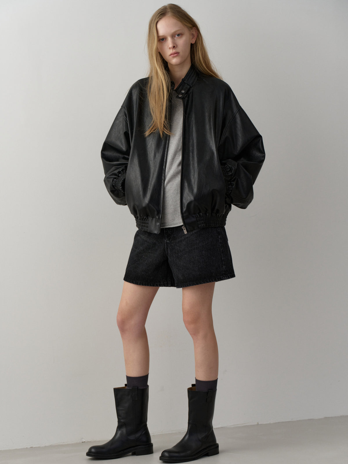 Stand Collar Leather Blouson_black