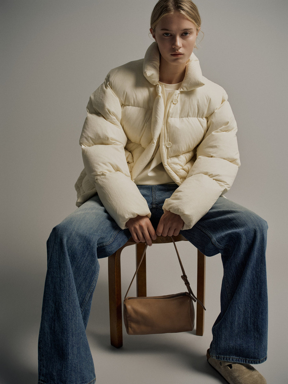 Goose down button puffer_ivory