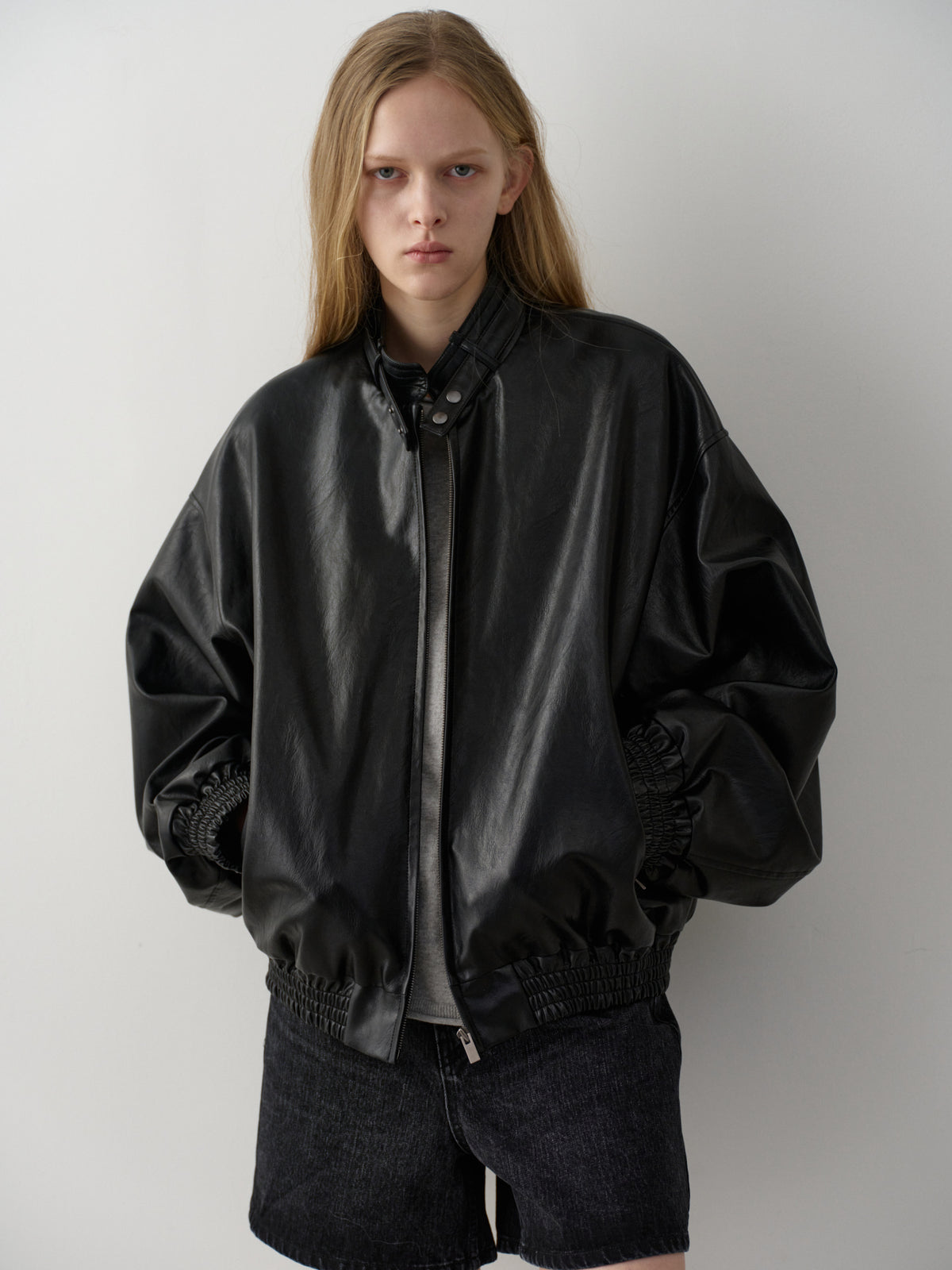 Stand Collar Leather Blouson_black