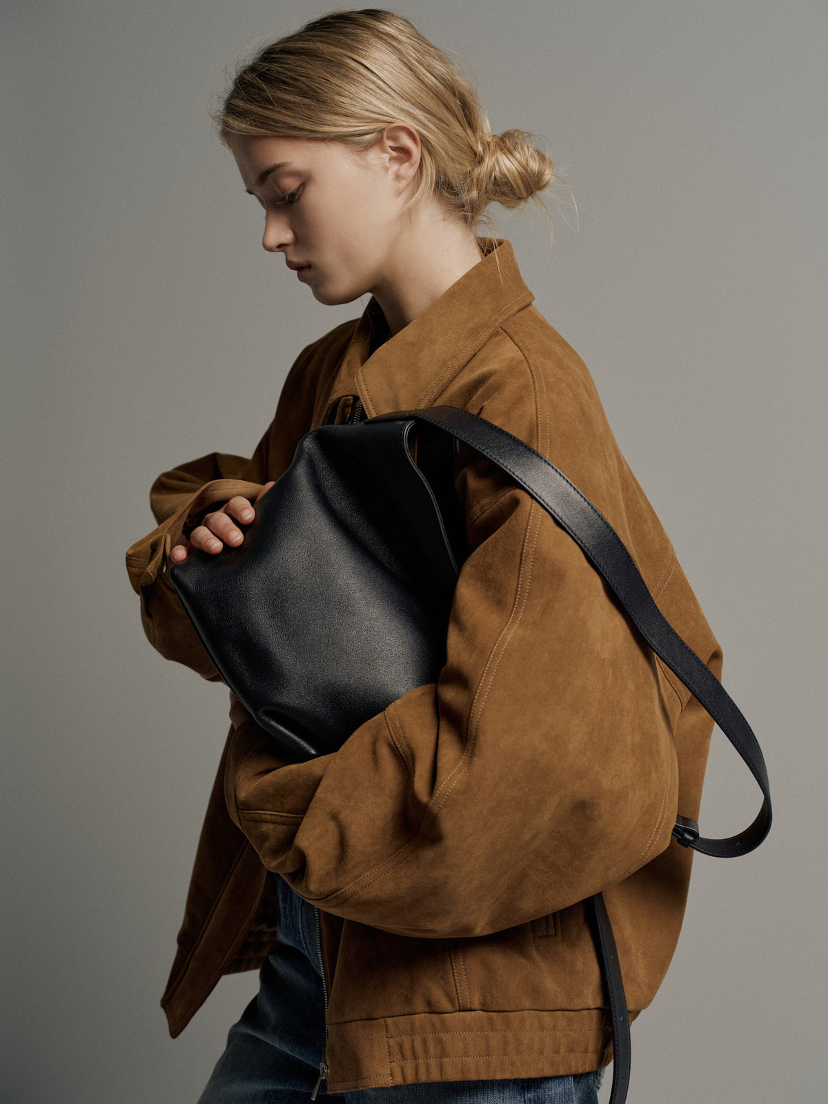 Oversized Fit Stitched Suede Blouson_camel