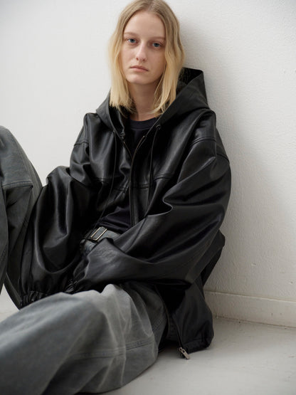 Leather Zip-Up Hoodie_black