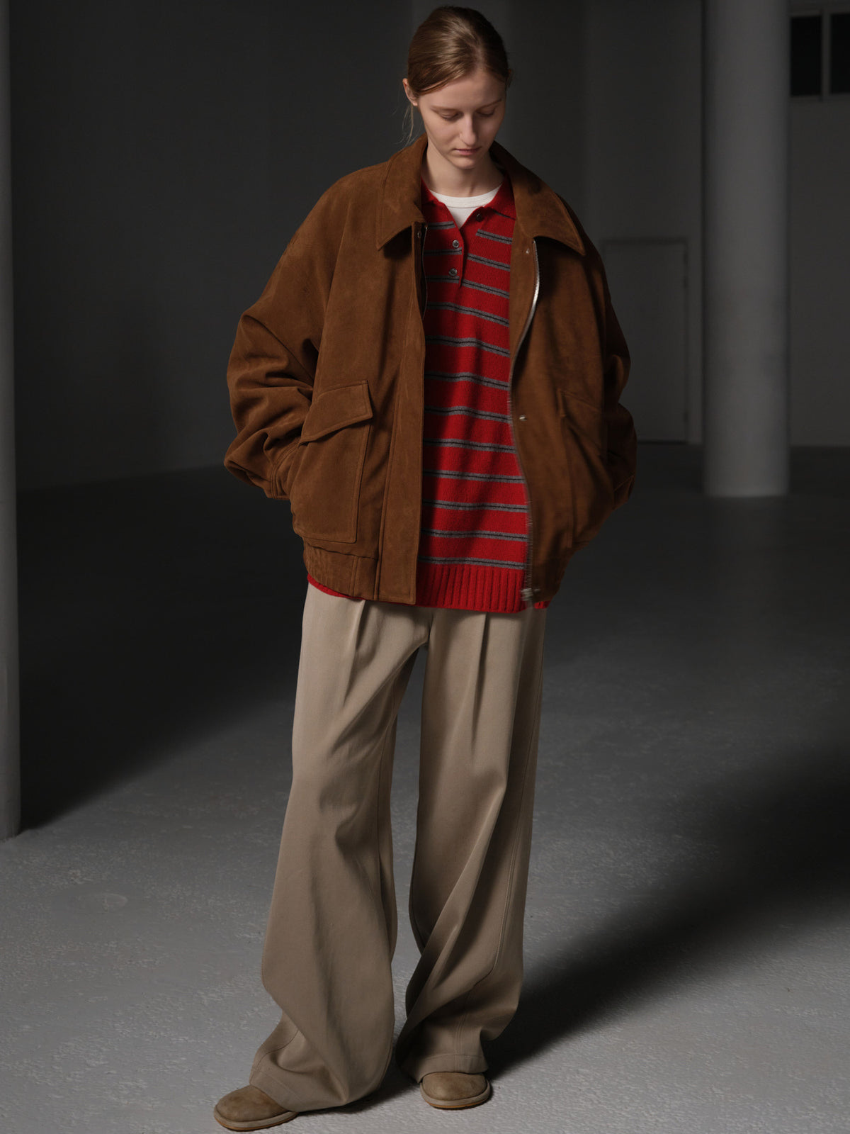 Oversized Fit Suede Shearling Blouson_camel