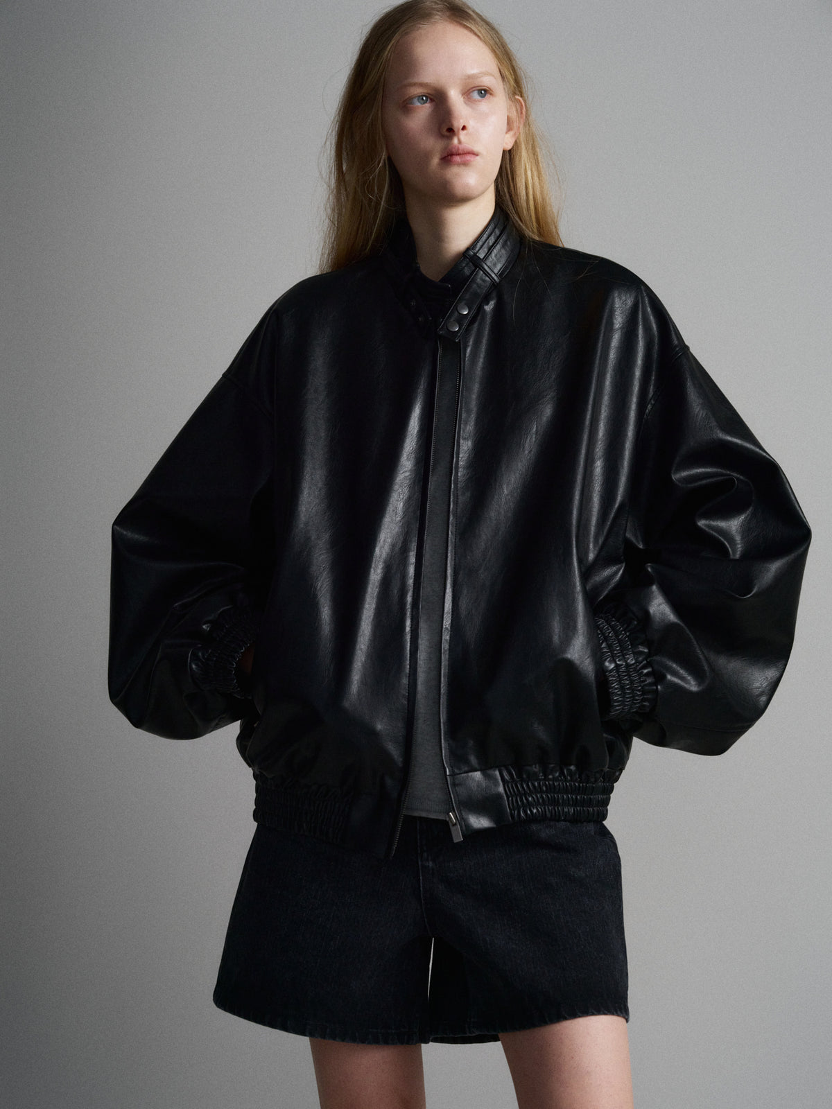 Stand Collar Leather Blouson_black