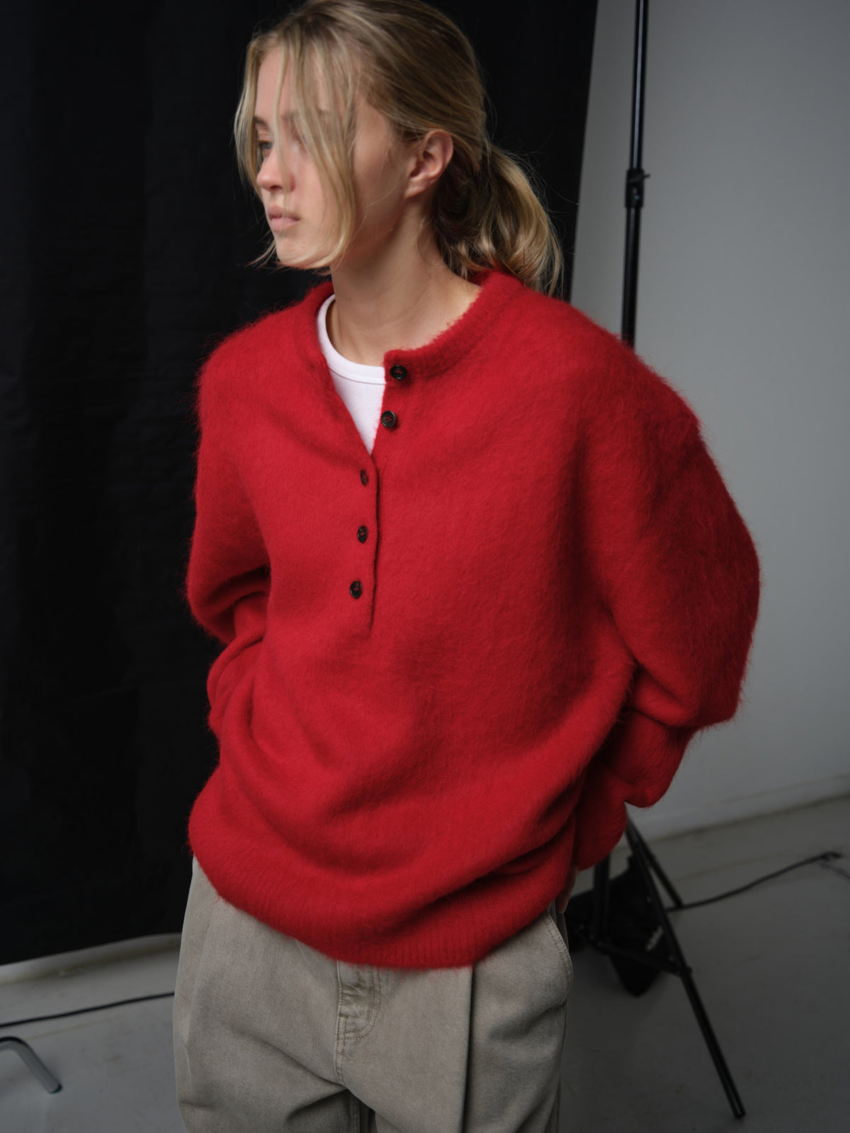 Alpaca Henley Neck Sweater_red
