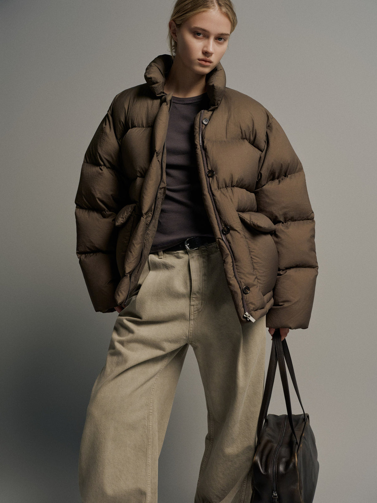 Goose down button puffer_brown