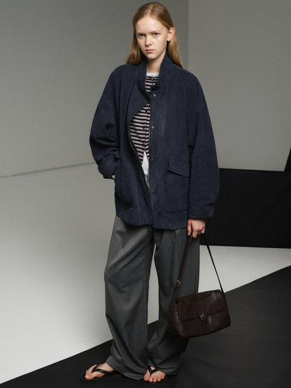 [11/25 Pre-order] High-Neck Suede Jacket_Navy