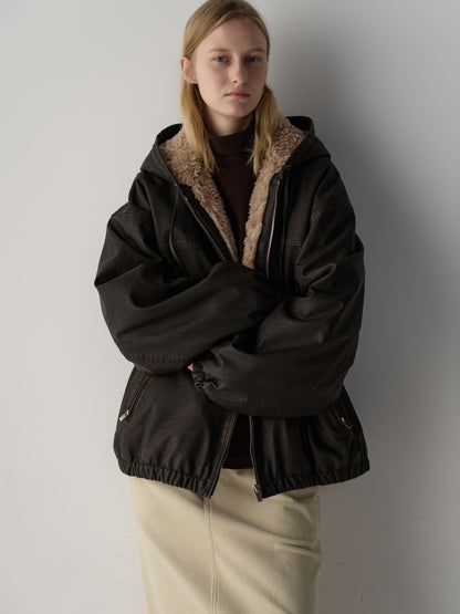 Leather Fur Zip Hoodie_dark brown