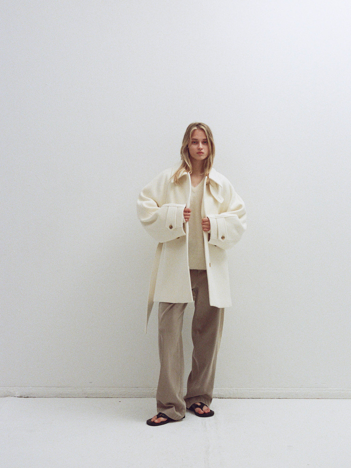 Cashmere Belted Half Coat_ivory