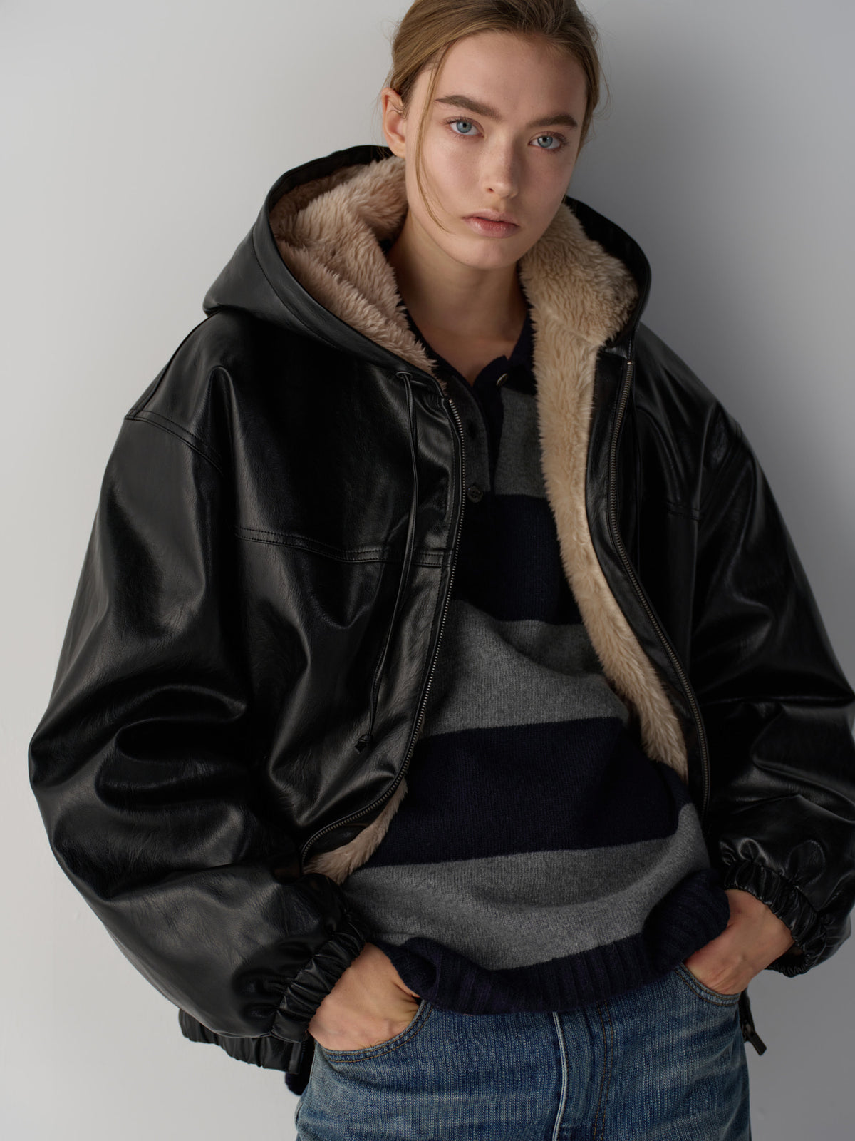 Leather Fur Zip Hoodie_black