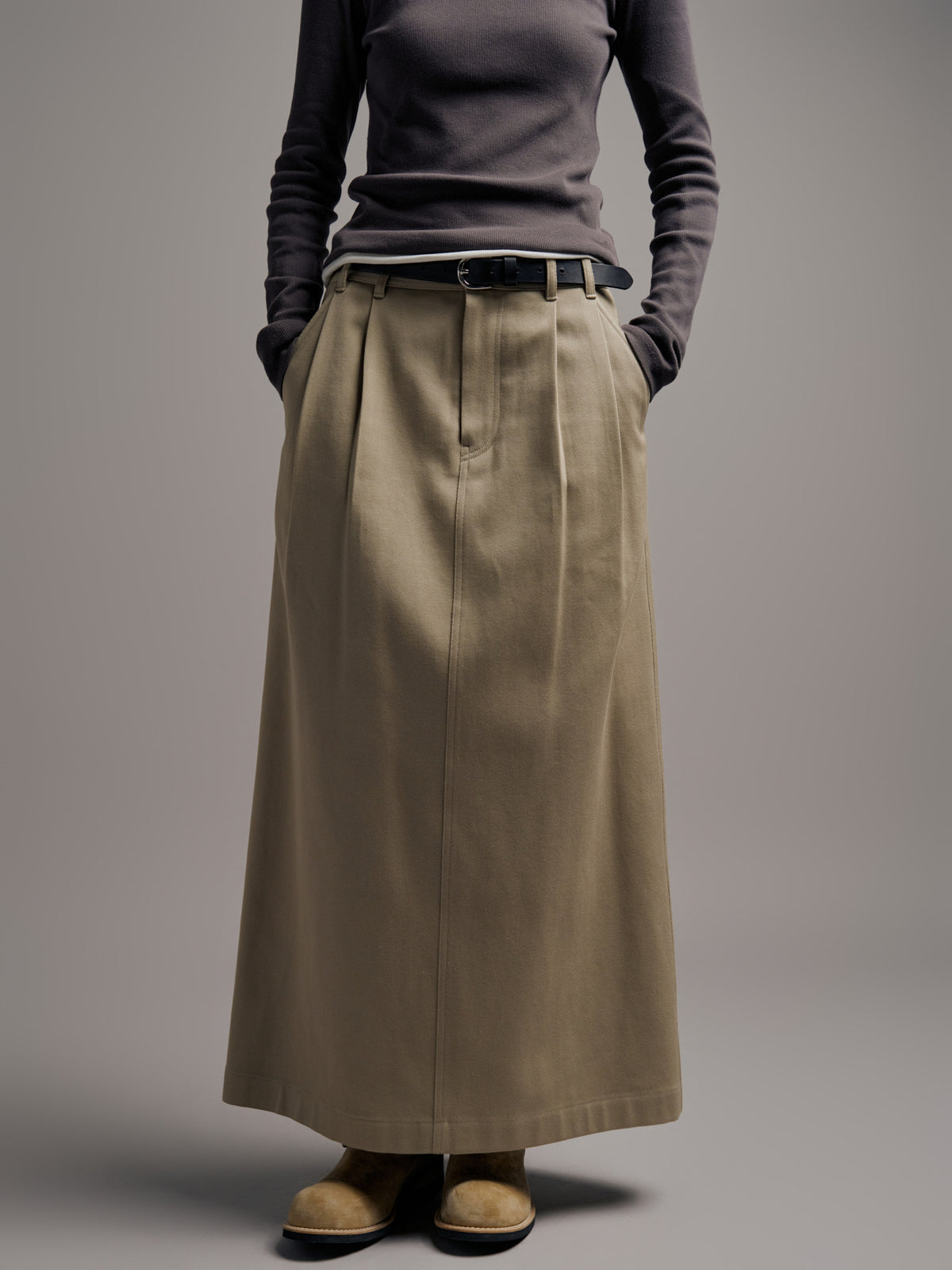 Classic Cotton Two-Tuck Skirt_olive beige