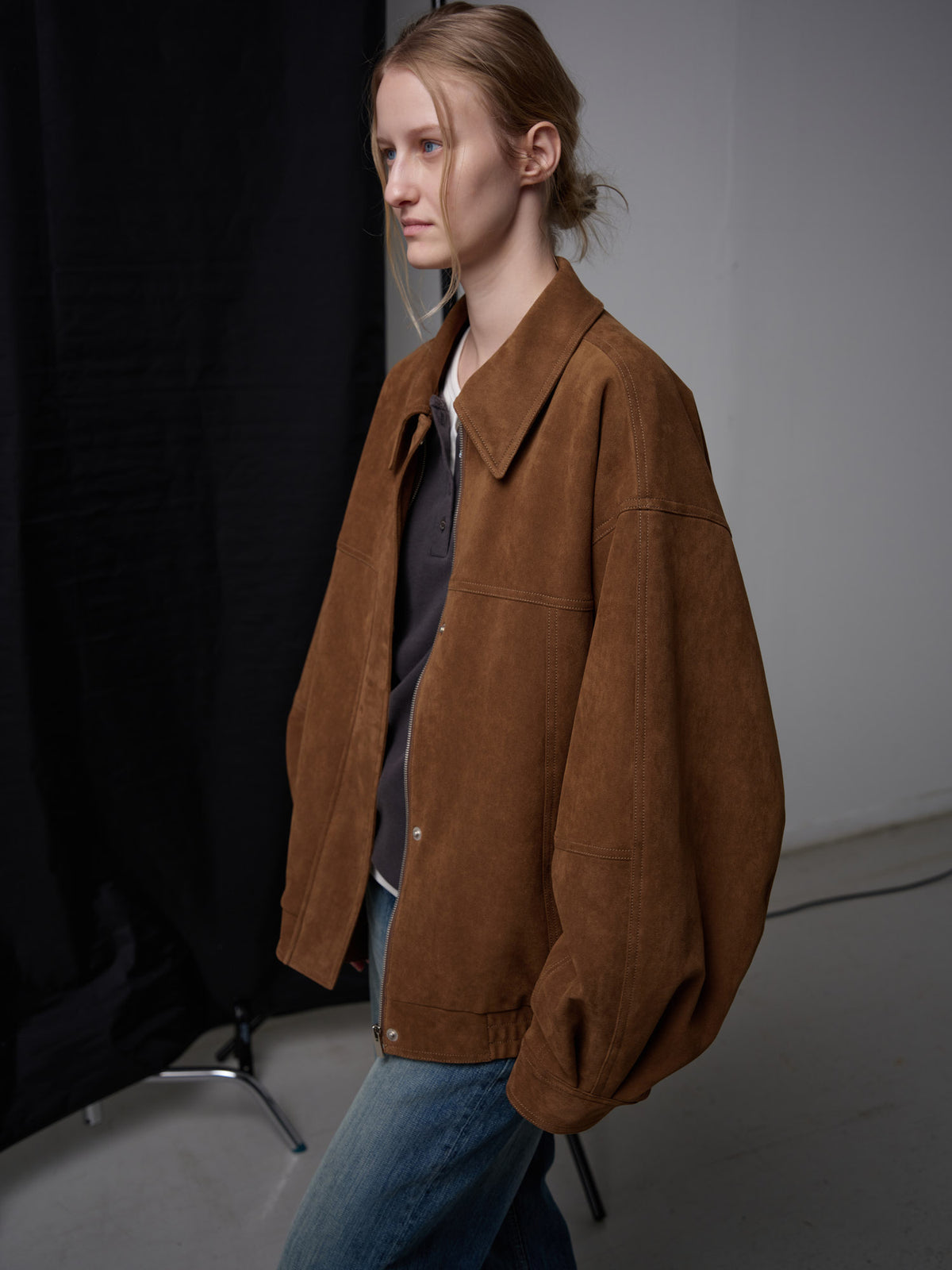 Oversized Fit Stitched Suede Blouson_camel
