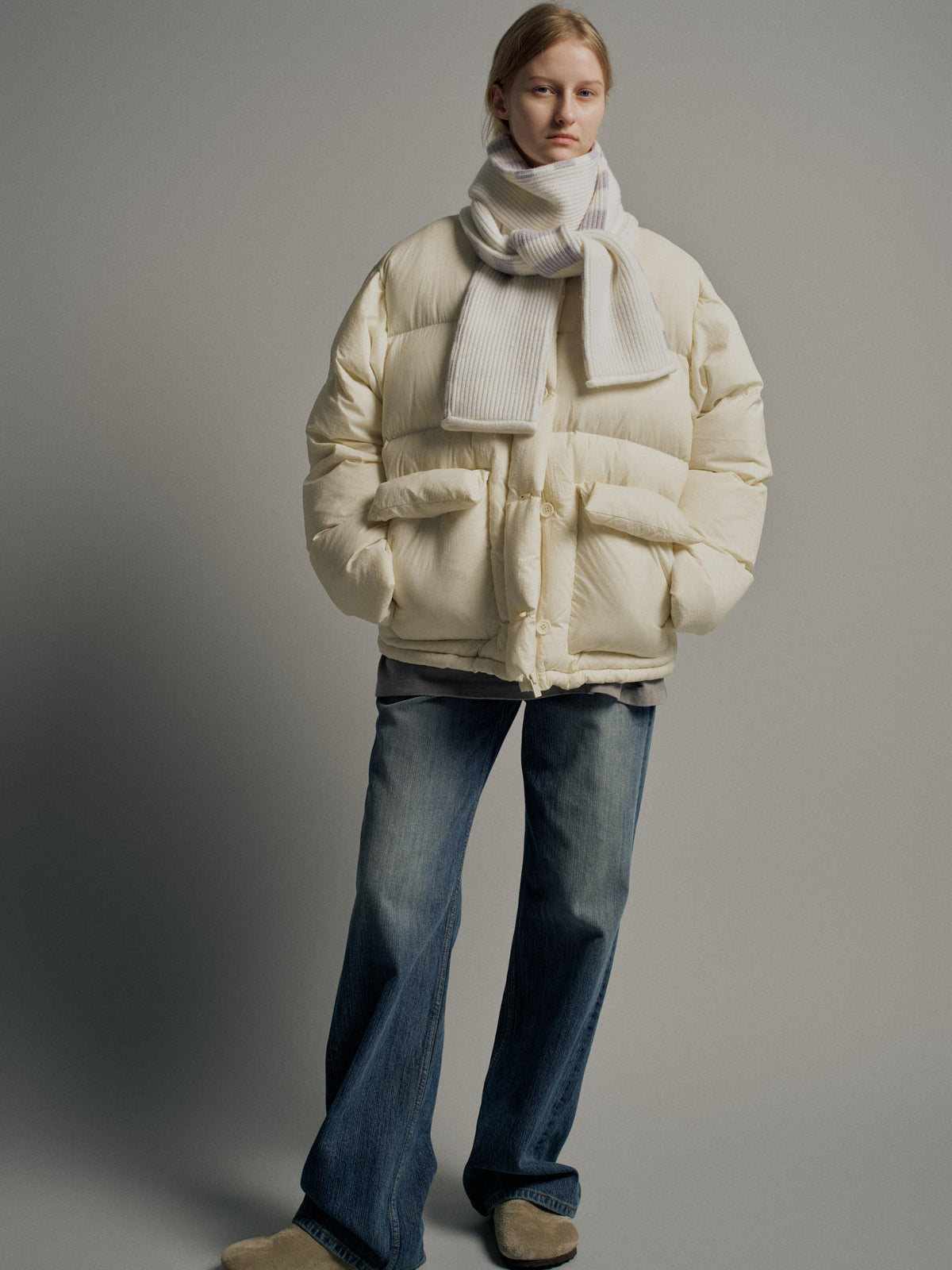 Goose down button puffer_ivory