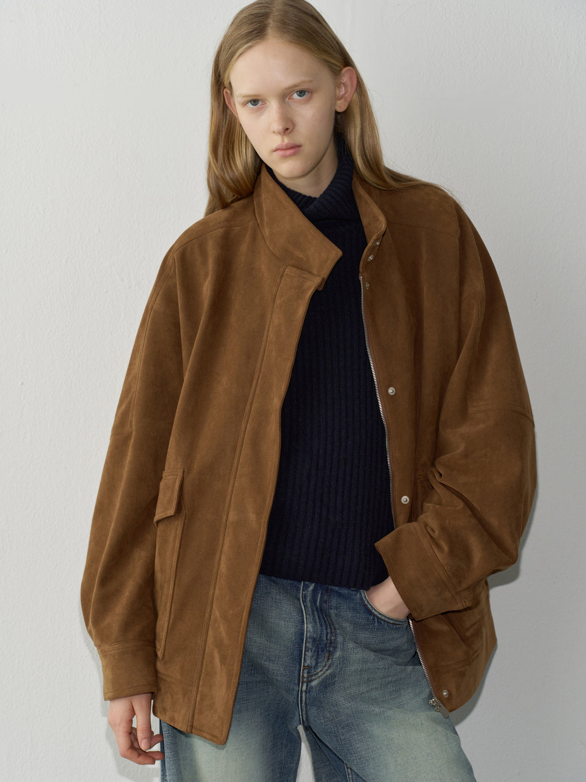 High-neck suede jacket_camel