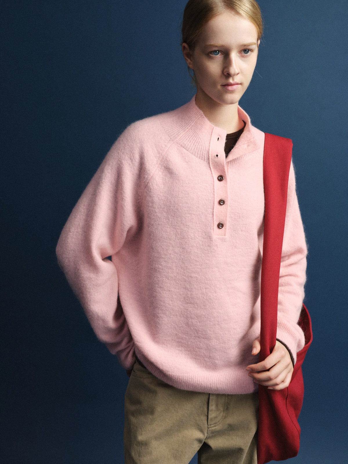 High-neck button knit_pink