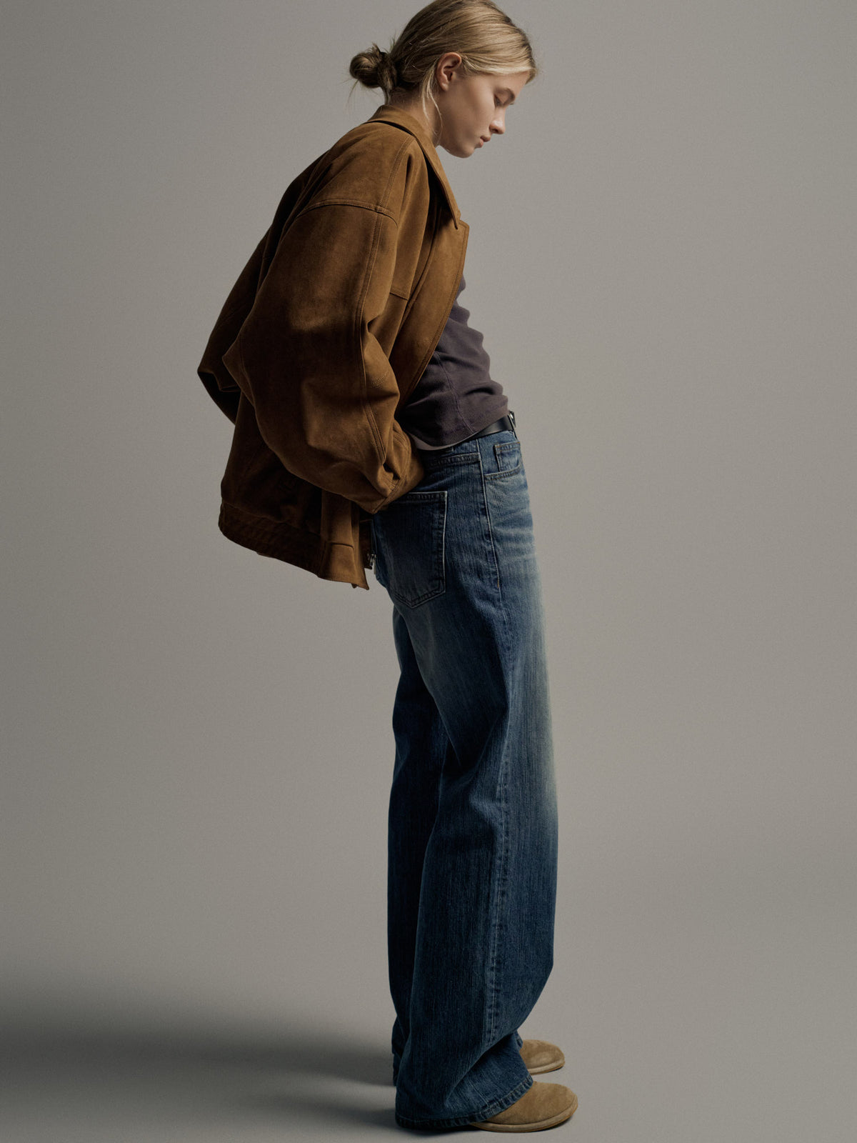 Oversized Fit Stitched Suede Blouson_camel