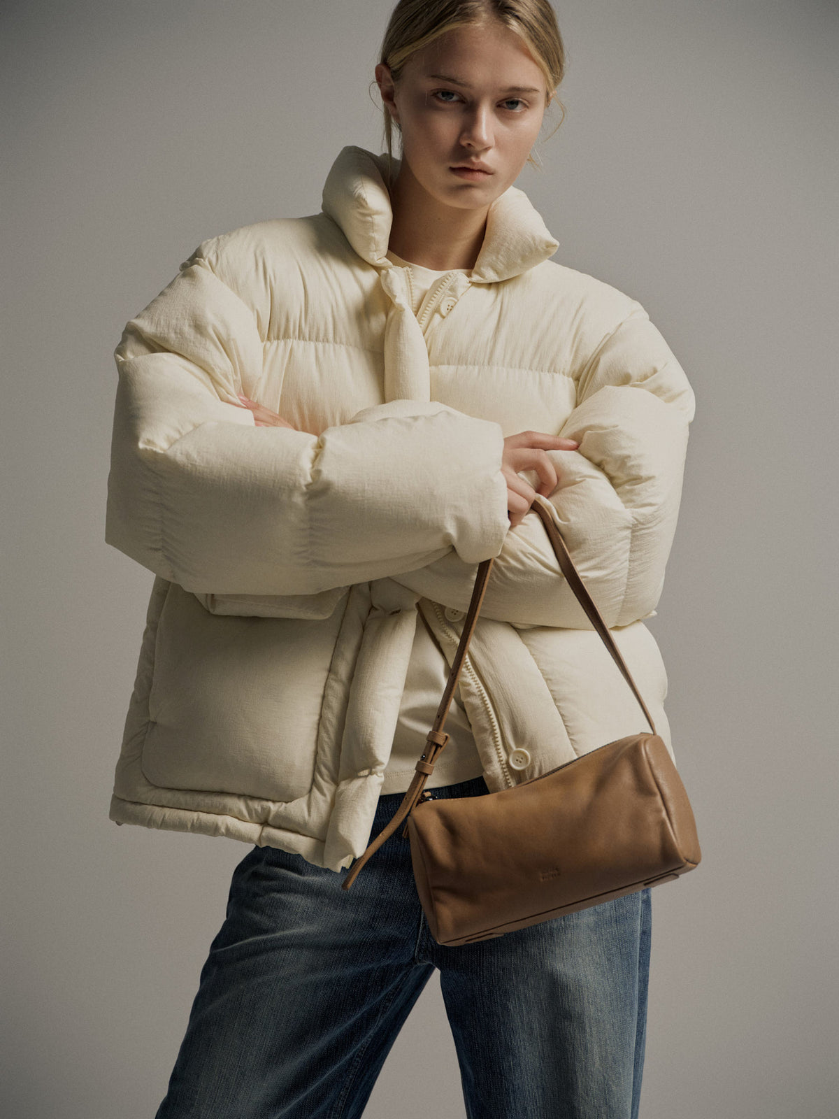 Goose down button puffer_ivory