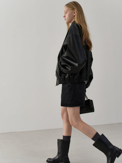 Stand Collar Leather Blouson_black