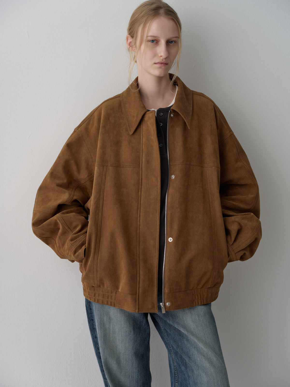 Oversized Fit Stitched Suede Blouson_camel