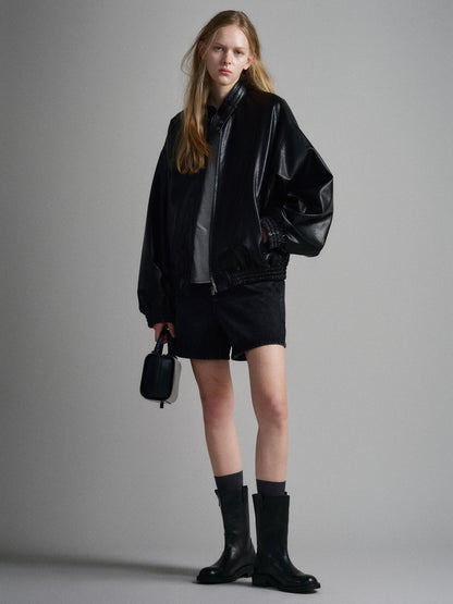 Stand Collar Leather Blouson_black