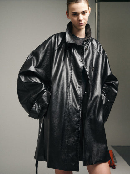 Leather Belted Half Coat_Black