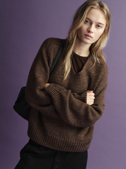 Textured V-neck Knit_brown