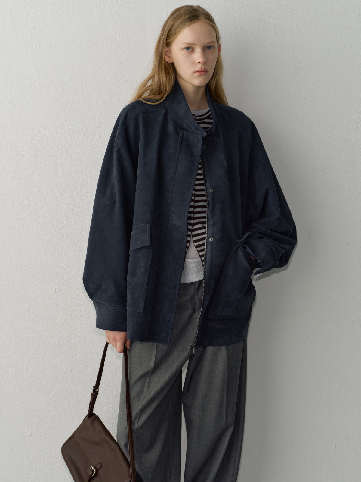 [11/25 Pre-order] High-Neck Suede Jacket_Navy