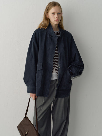 [11/25 Pre-order] High-Neck Suede Jacket_Navy