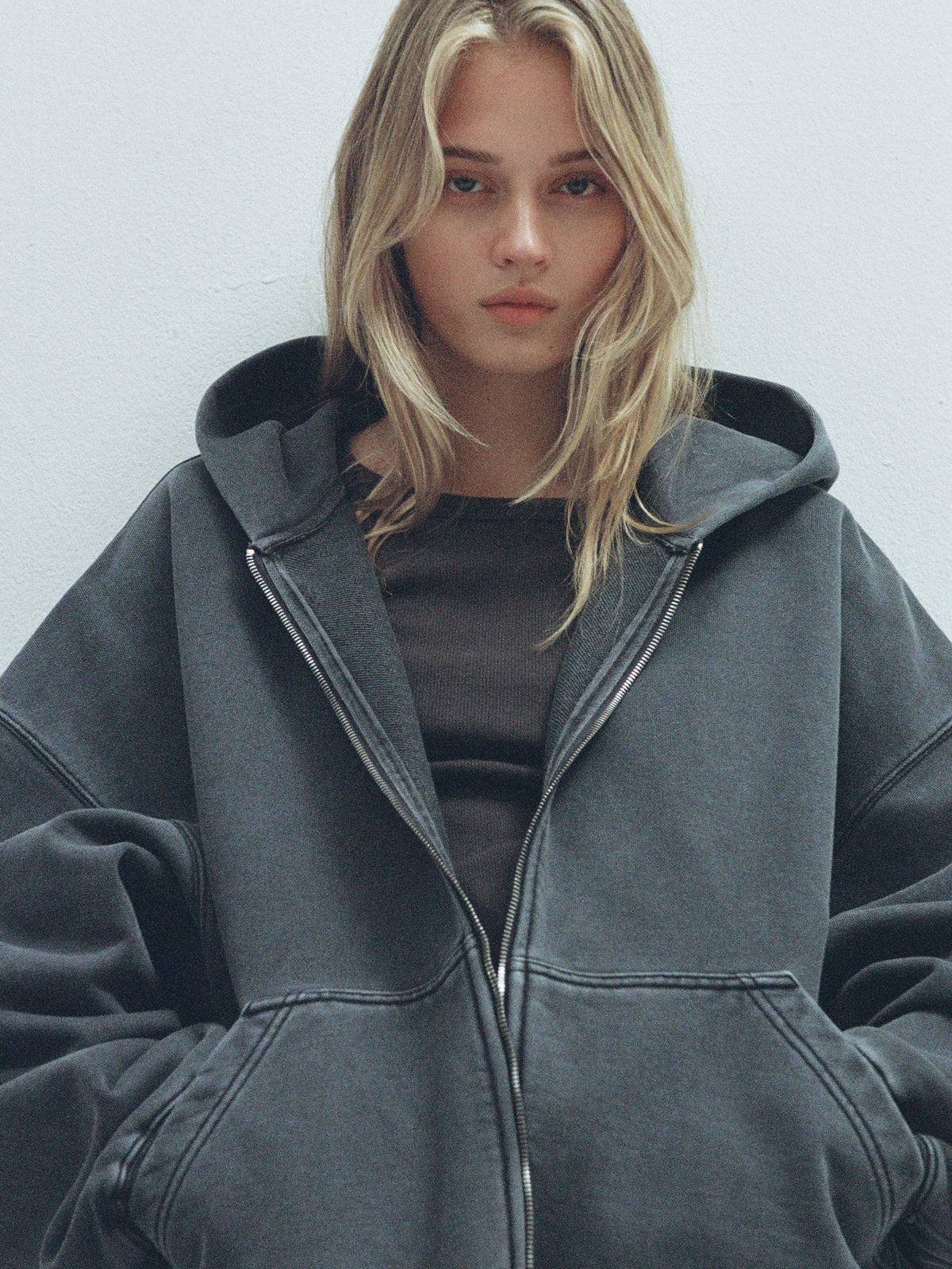 Oversized Fit Pigment Zip-Up Hoodie_blue grey