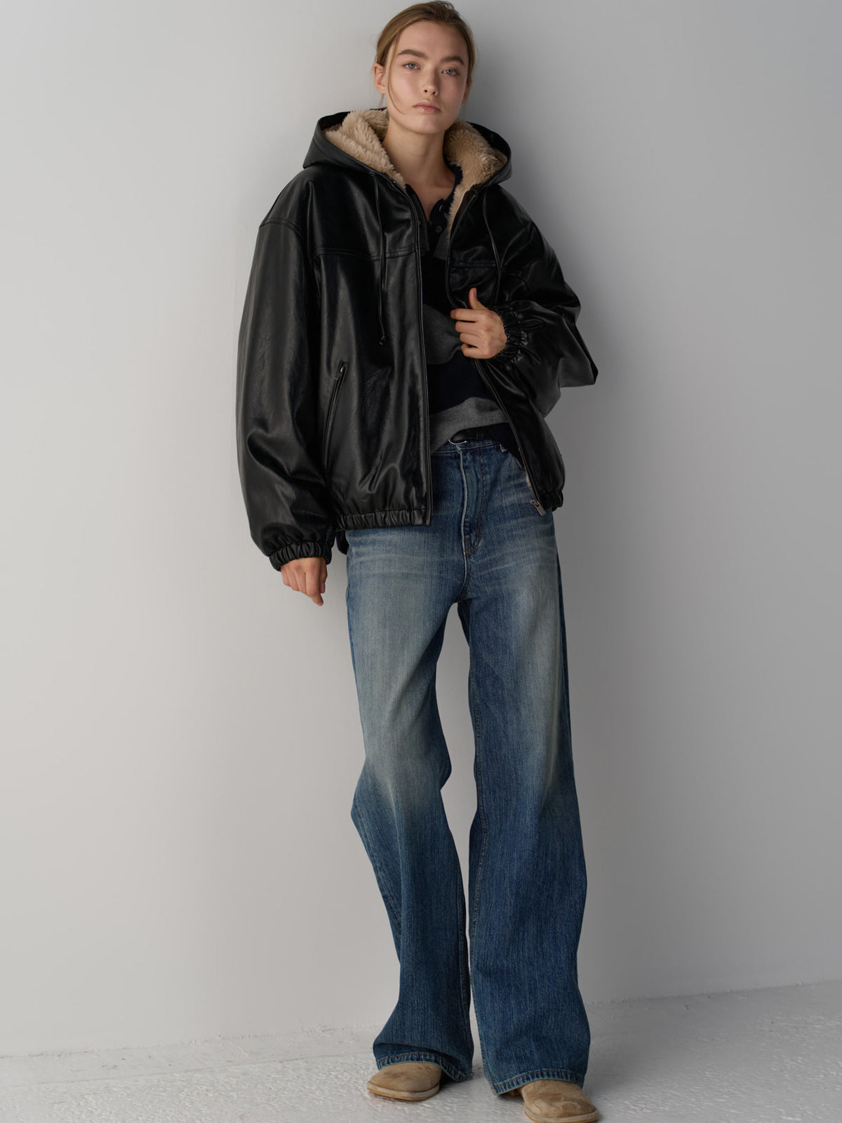 Leather Fur Zip Hoodie_black