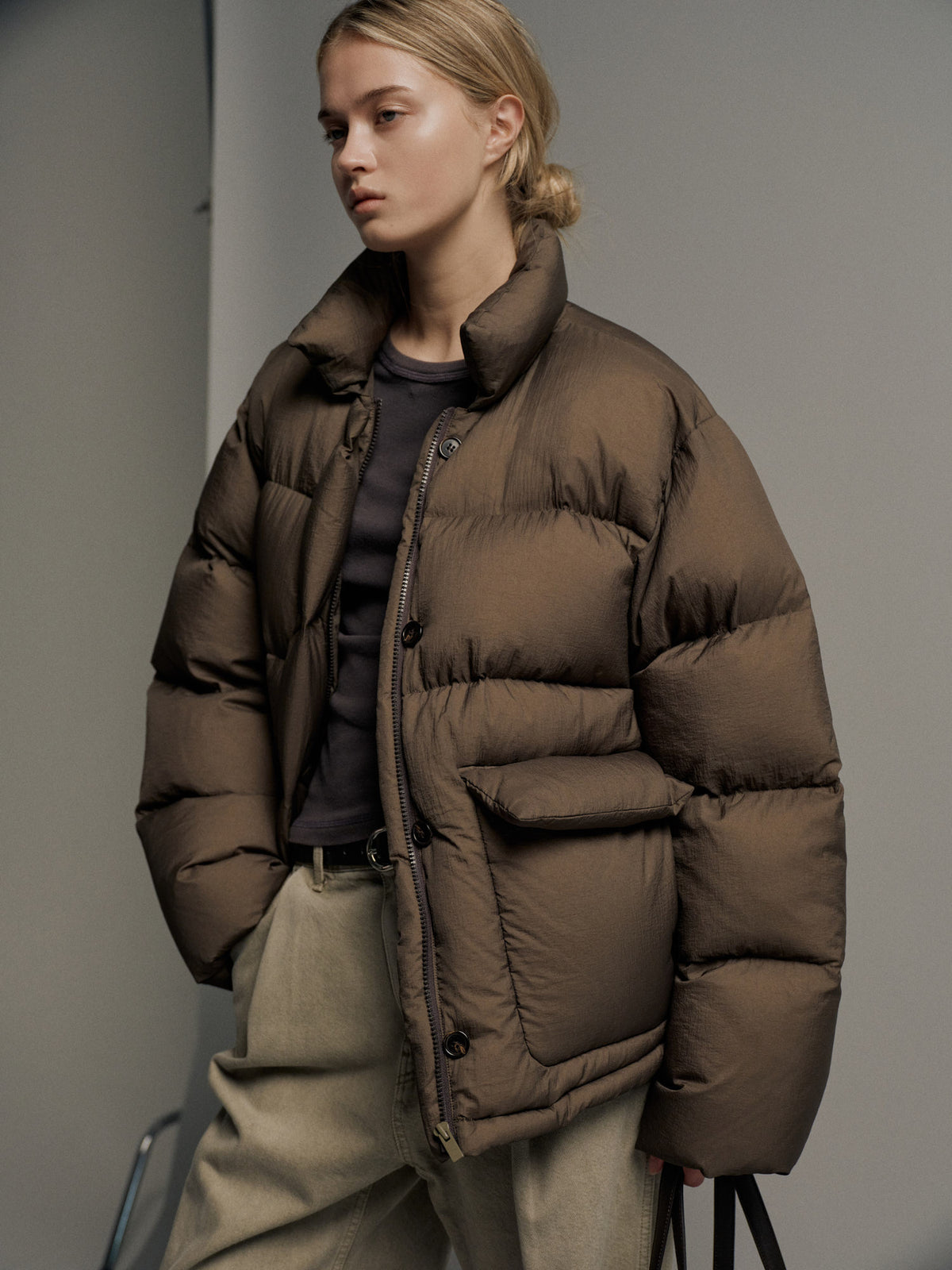 Goose down button puffer_brown