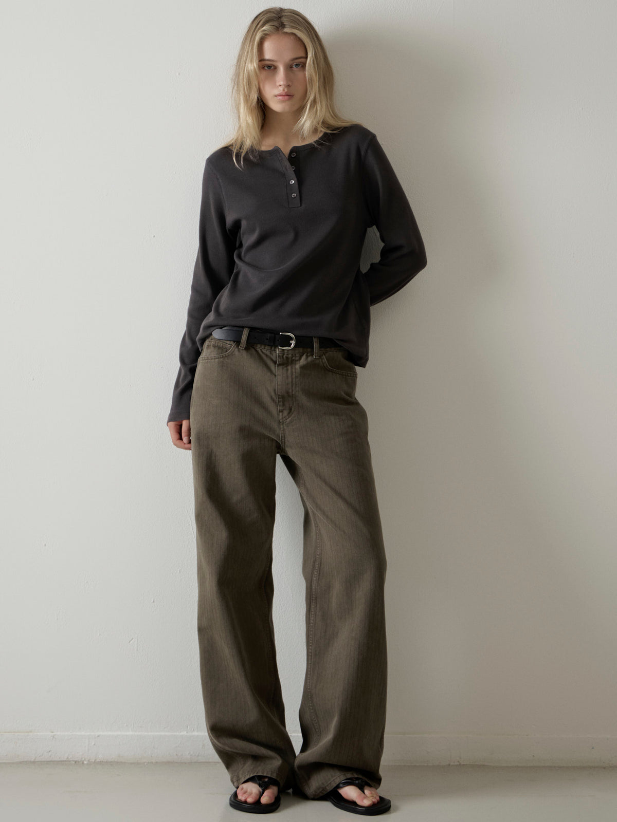 Striped Straight Denim_khaki