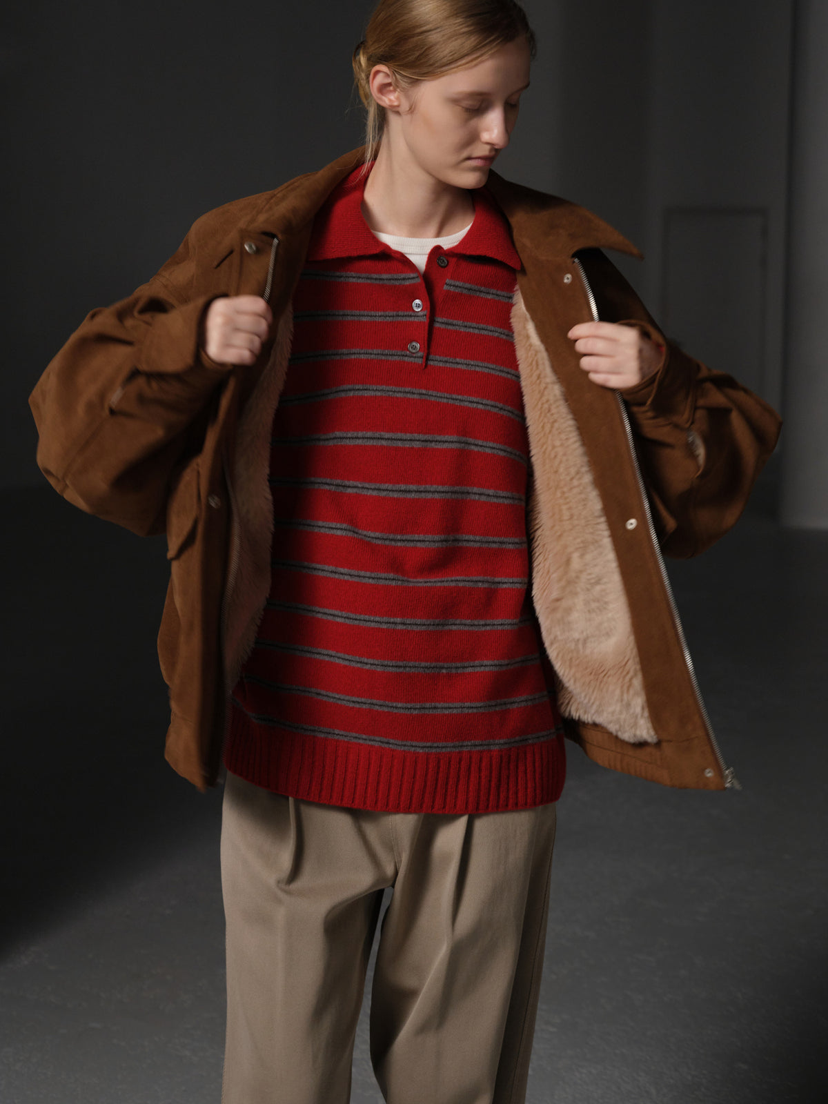 Oversized Fit Suede Shearling Blouson_camel